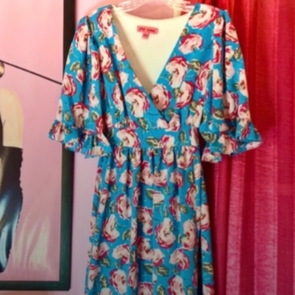 Betsey Johnson Floral Midi Swing Dress Retro Colorful Blue Garden Party Womens 8 - Picture 4 of 6